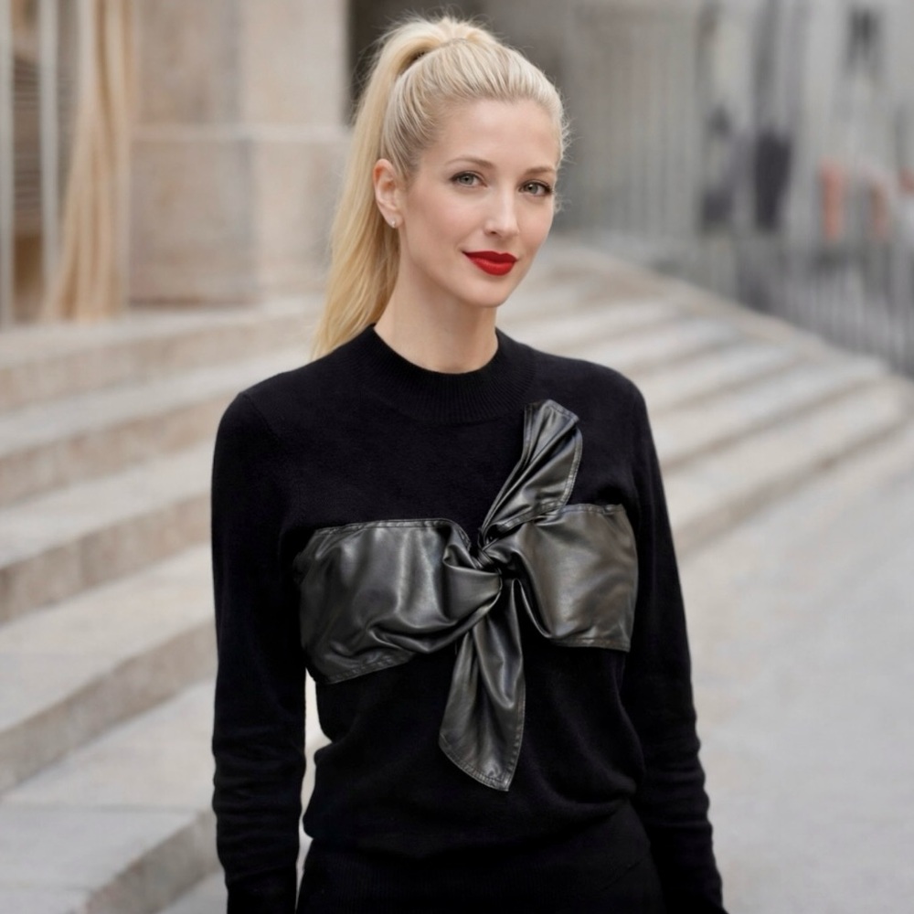 NY & Co Black Statement Sweater Faux Leather Bow XS